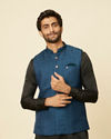 Teal Blue Medallion Patterned Nehru Jacket